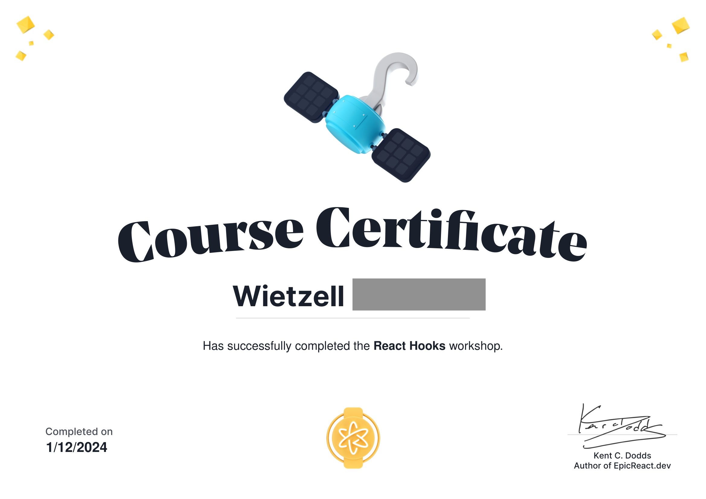 My 2nd Course Certificate From Epic React by Kent C. Dodds: React Hooks 