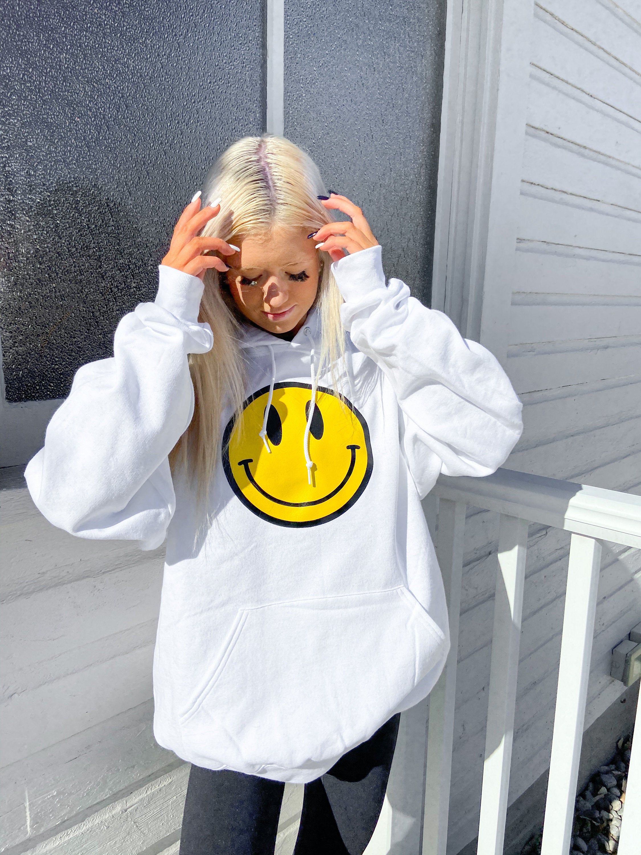 Smiley Hoodie- black white hoodie- hoodie- hooded sweatshirt- smiley face - smiley face sweatshirt- crewneck- gift- loungewear- trendy- cute.jpg
