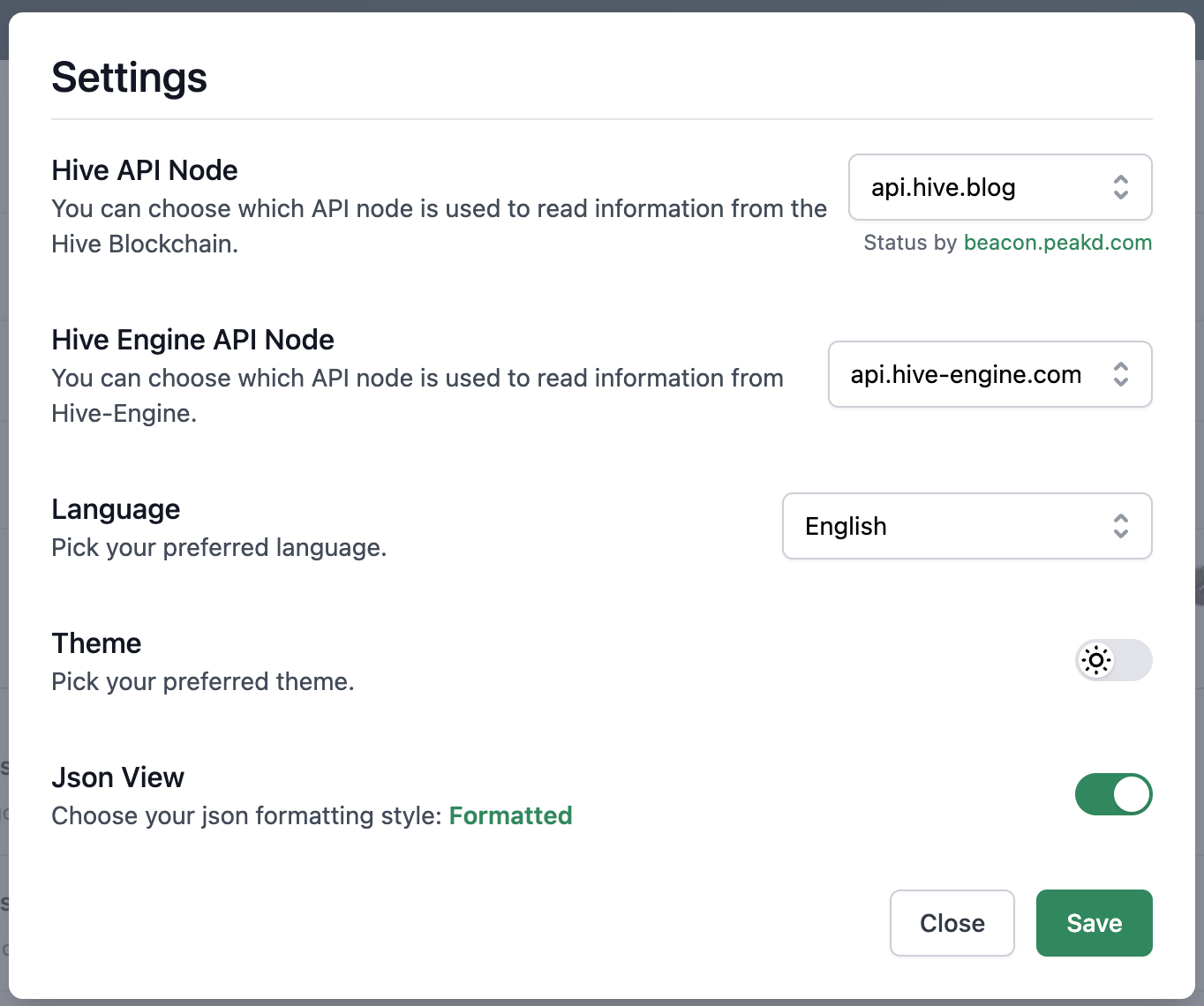 Settings menu