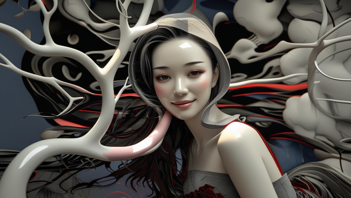 A semi-realistic beautiful young woman, with long black hair flowing in the wind, black eyes, and a kind, gentle smile. Her face is soft and warm. The abstract curved shapes and lines in the original image transfor.jpg