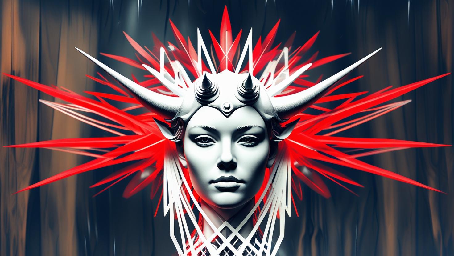 _aA surreal female statue face with crown-like horns, surrounded by red and white geometric lines that slowly transform into glowing crystal shards and fiery feathers, forming a radiant mystical aura. Dark ethereal.jpg