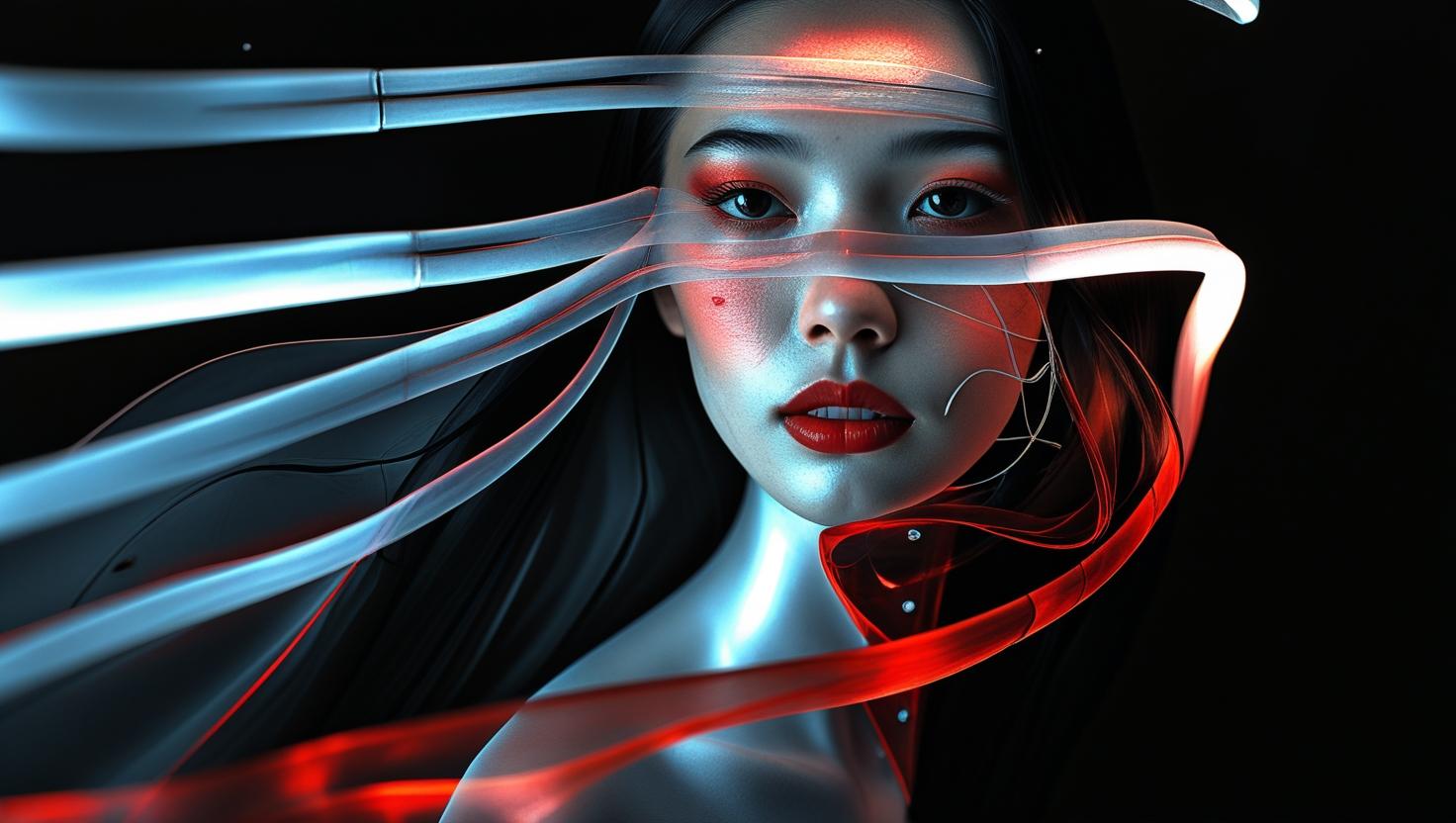 A semi-realistic beautiful Eastern woman with long black hair and deep black eyes, wearing an elegant white and red outfit. Her face is softly illuminated, with abstract glowing lines and patterns flowing across he.jpg
