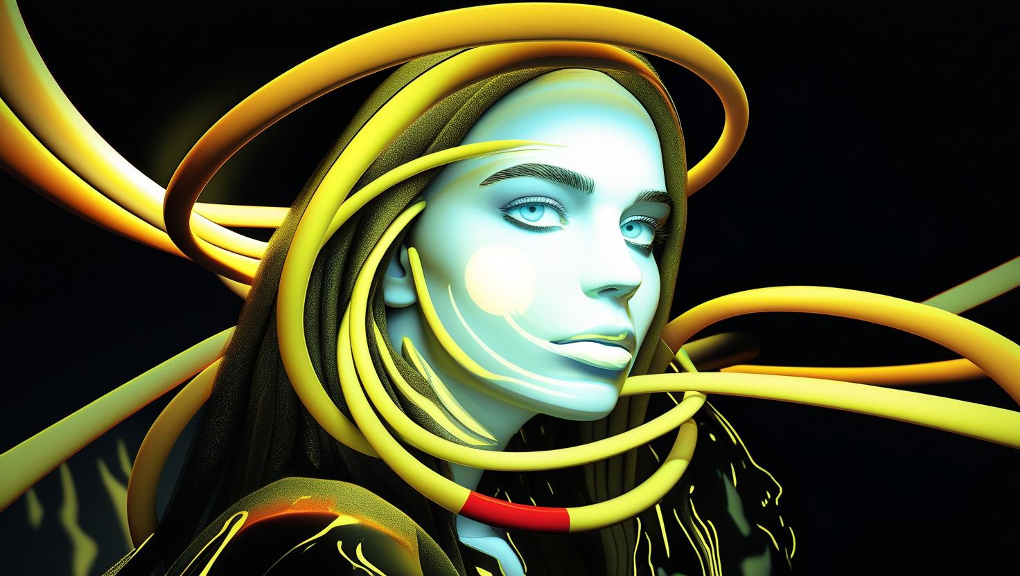 A semi-realistic beautiful woman with long black hair and deep dark eyes, softly illuminated. Around her, glowing abstract curved lines in yellow and orange, flowing like energy ribbons wrapping gracefully arou (1).jpg