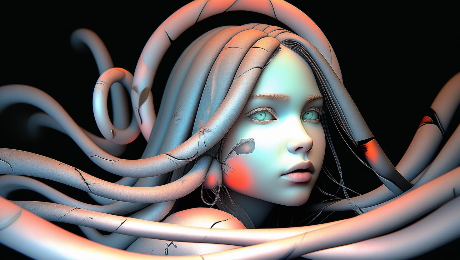 “Transform two glowing rings and a luminous orb into a beautiful young girl with a deep, piercing gaze, long soft hair flowing in the wind, surrounded by tiny glowing stars and delicate floating branches, dreamy fa.jpg