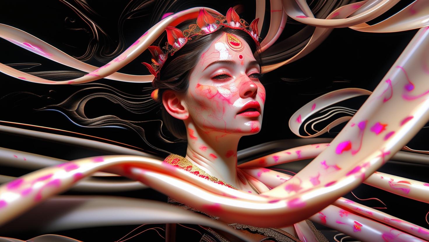 A surreal, beautiful, divine woman with an angelic face, emerging from heaven, glowing with soft ethereal light, surrounded by floating silk ribbons gently weaving in the air around her head like a crown, photo (5).jpg