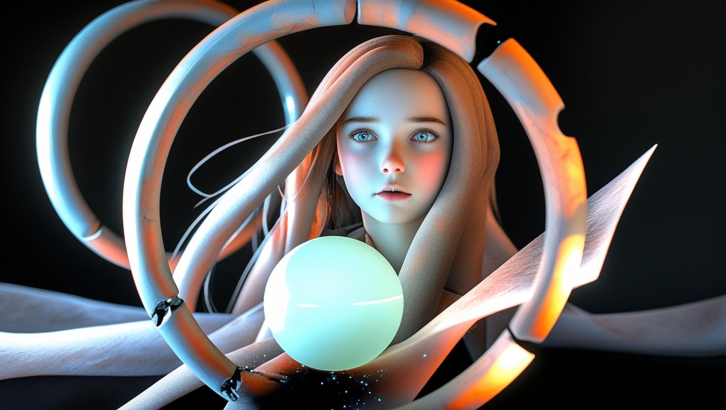 “Transform two glowing rings and a luminous orb into a beautiful young girl with a deep, piercing gaze, long soft hair flowing in the wind, surrounded by tiny glowing stars and delicate floating branches, dreamy fa.jpg