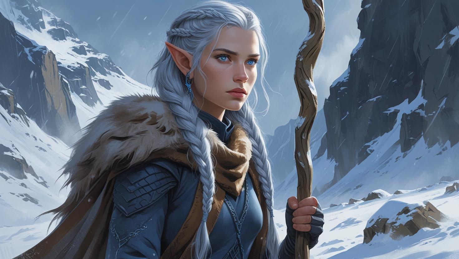 Create an image of a character for a fantasy novel, set in snowy landscape.jpg