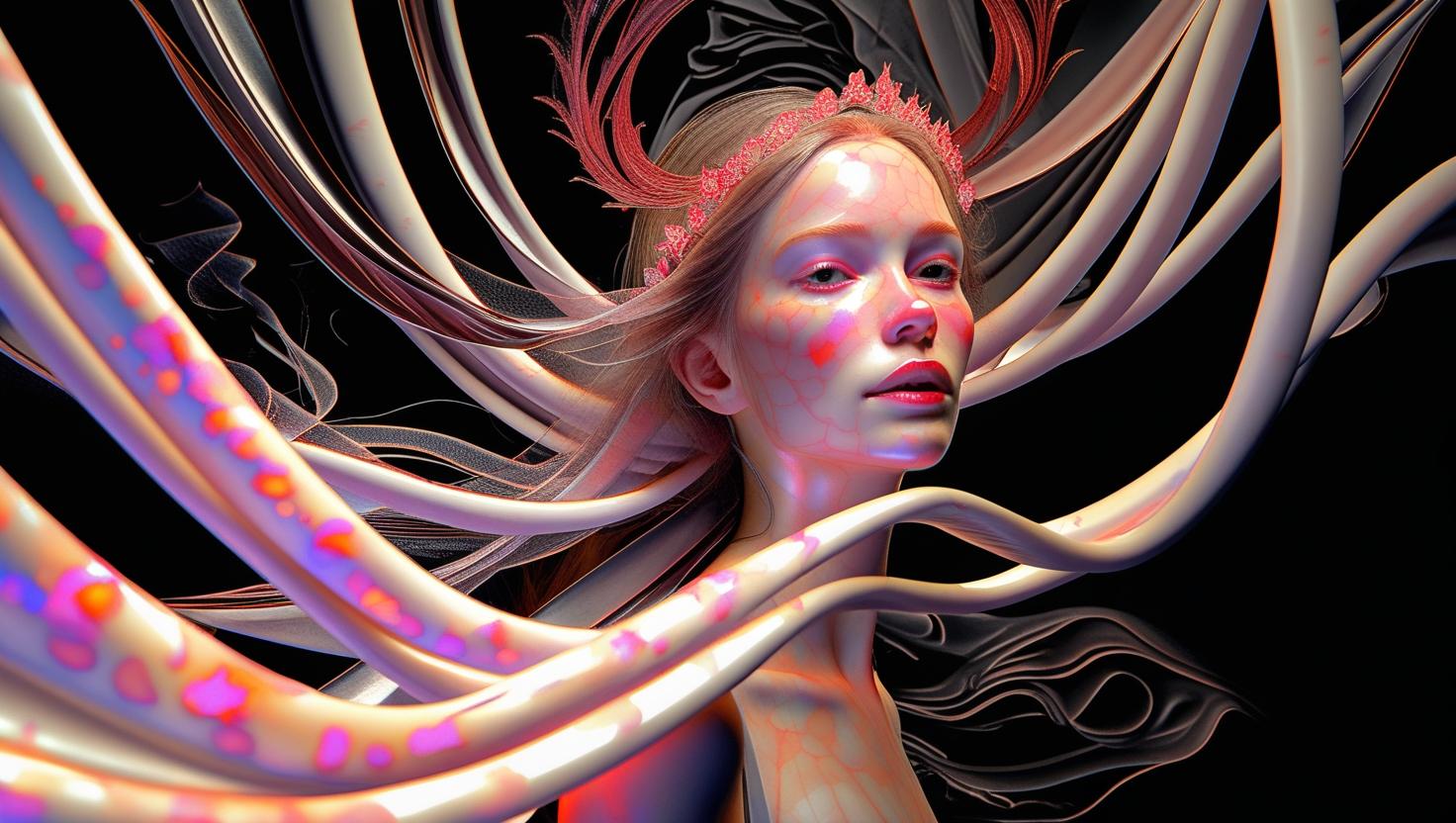 A surreal, beautiful, divine woman with an angelic face, emerging from heaven, glowing with soft ethereal light, surrounded by floating silk ribbons gently weaving in the air around her head like a crown, photoreal.jpg