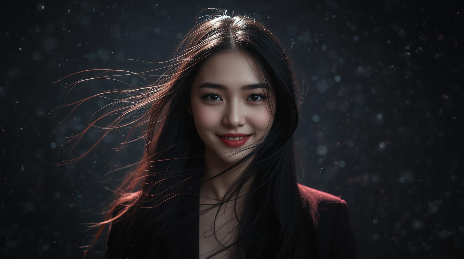 A stunning young woman with long flowing black hair, standing in the center of a dark starry background. Her hair is moving gently in the wind, catching a silvery glow with subtle hints of red light. She looks  (7).jpg