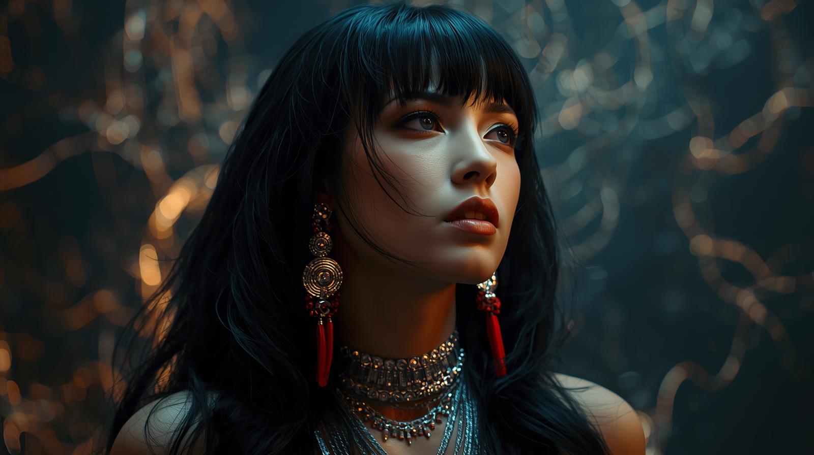 A modern surrealist goddess with realistic human features, glossy black hair, and abstract jewelry in silver and red tones. She gazes calmly into the distance. The background is dark with glowing abstract line (11).jpg
