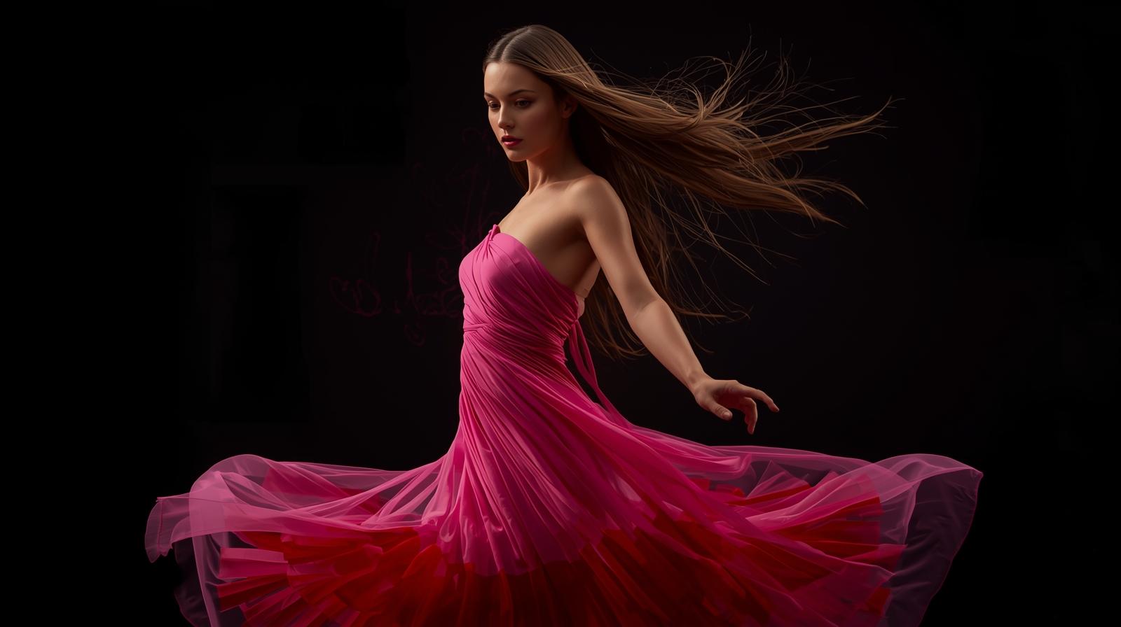 _A beautiful young woman with long brown hair, wearing a flowing dress in shades of pink and red, inspired by abstract neon shapes. She is dancing gracefully, with elegant movement, against a dark background, a (7).jpg