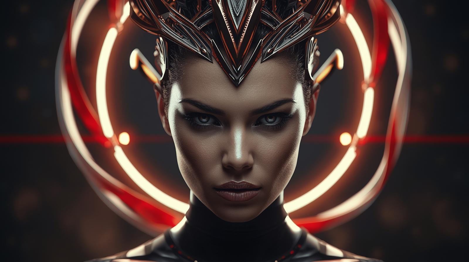 _A hyper-realistic portrait of a strong and beautiful woman with sharp facial features, intense eyes, and an elegant but mysterious aura. She has a futuristic and artistic crown-like headpiece inspired by abstr (6).jpg