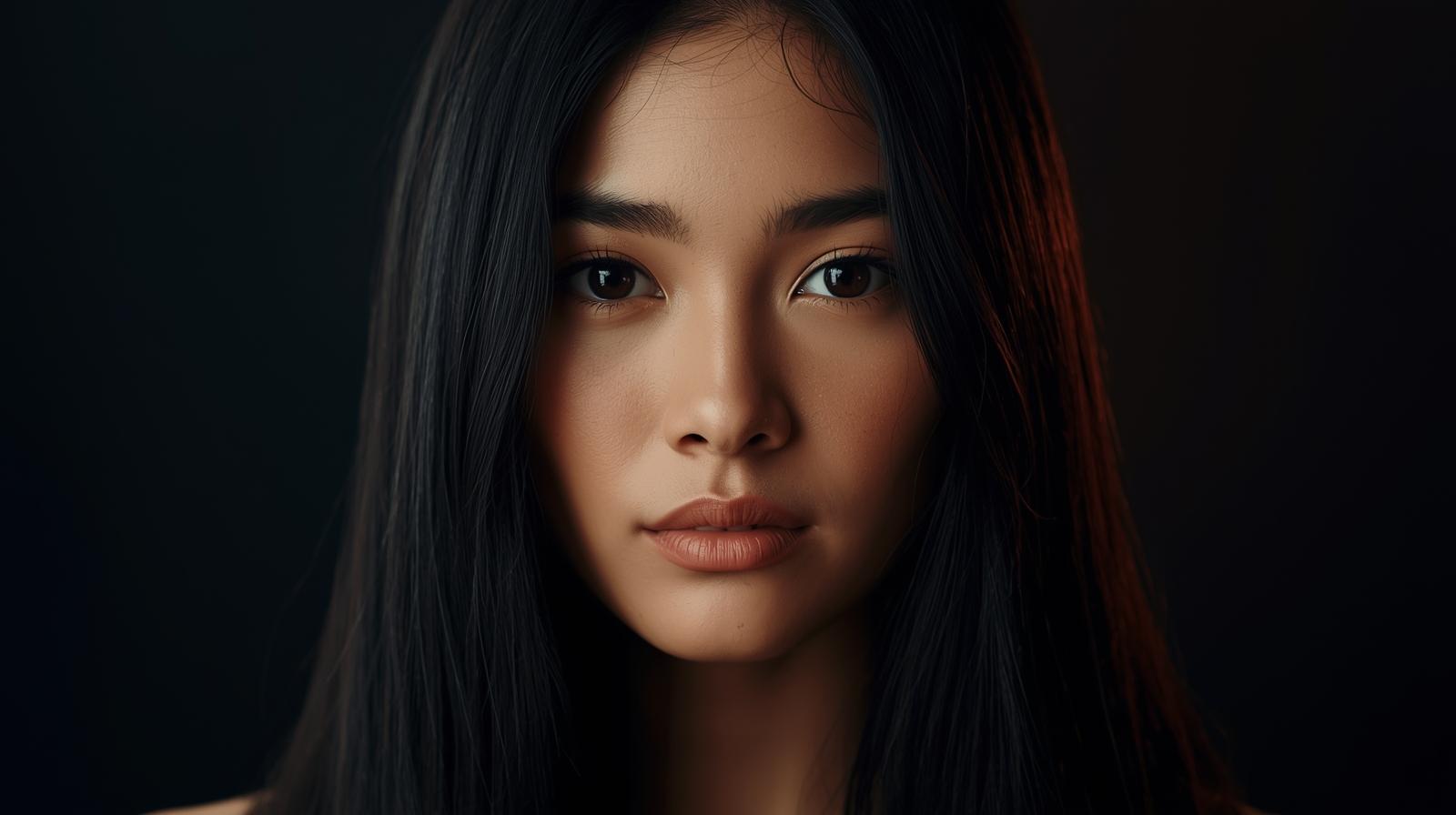 A close-up portrait of a stunning young woman with deep black eyes and long silky black hair, centered in the frame. She looks directly at the viewer with a gentle expression. Smooth clear skin, elegant and rea (5).jpg