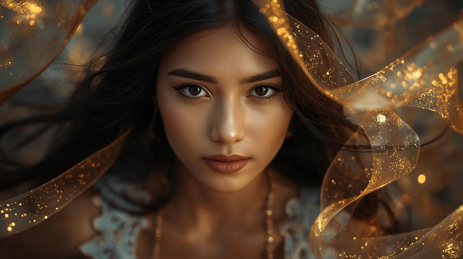 A beautiful kind Eastern girl with black eyes and long black hair, glowing soft skin, surrounded by golden shining ribbons that look like they are made of thousands of tiny sparkling stars, elegant and dreamy a (8).jpg