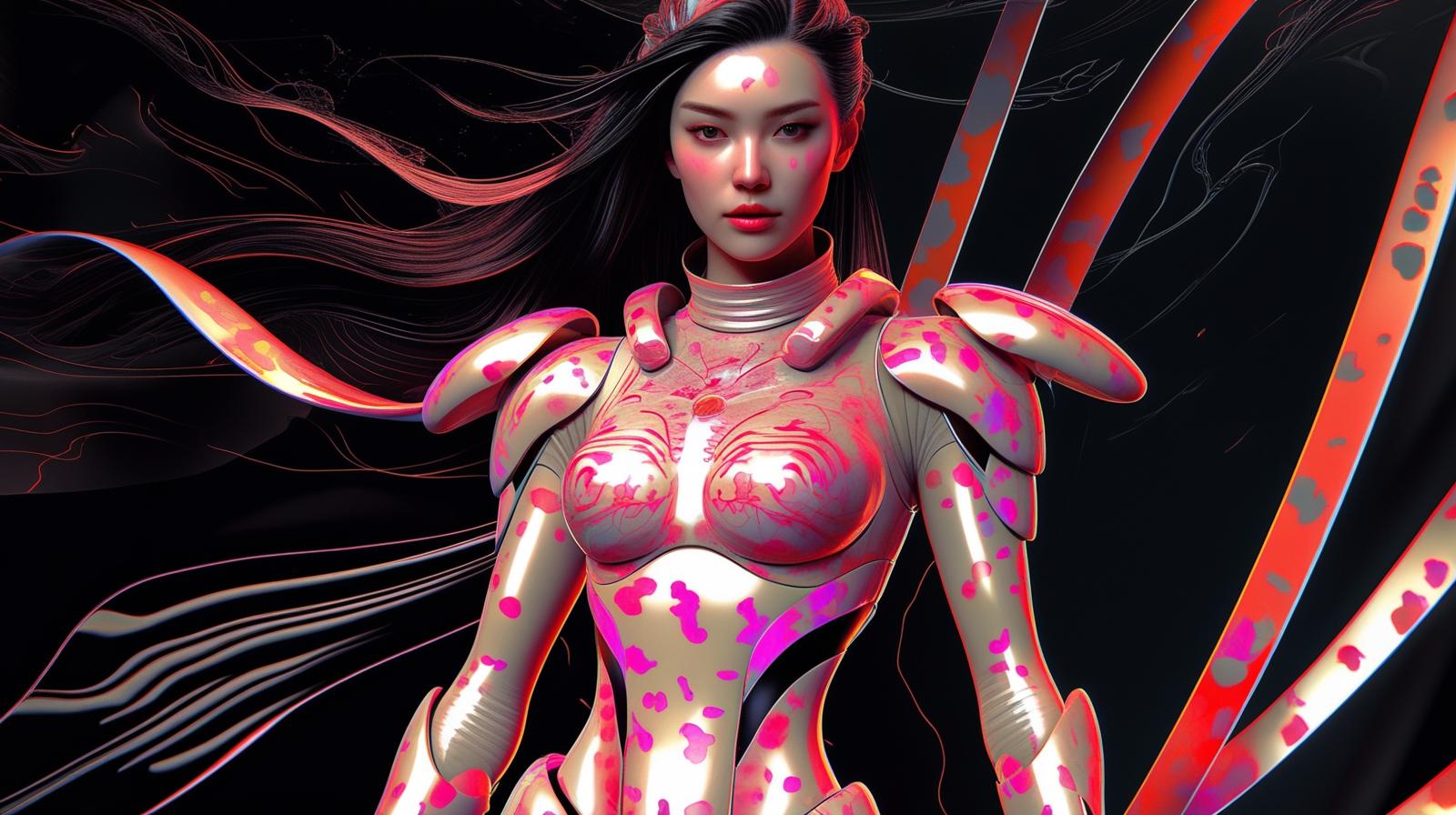 A full-body portrait of a brave and stunning space warrior woman, with long flowing black hair and intense dark eyes. She is wearing a futuristic battle suit in glowing red, pink, and violet tones, inspired by  (1).jpg