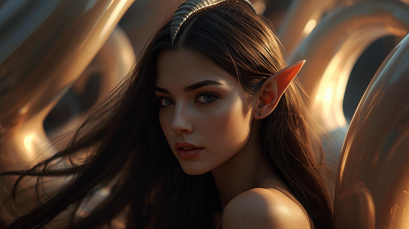 A beautiful fantasy woman with one elegant, slightly curved horn on her head and slightly elongated elf-like ears, inspired by a surreal abstract structure. Her appearance is semi-realistic and natural, with so (4).jpg