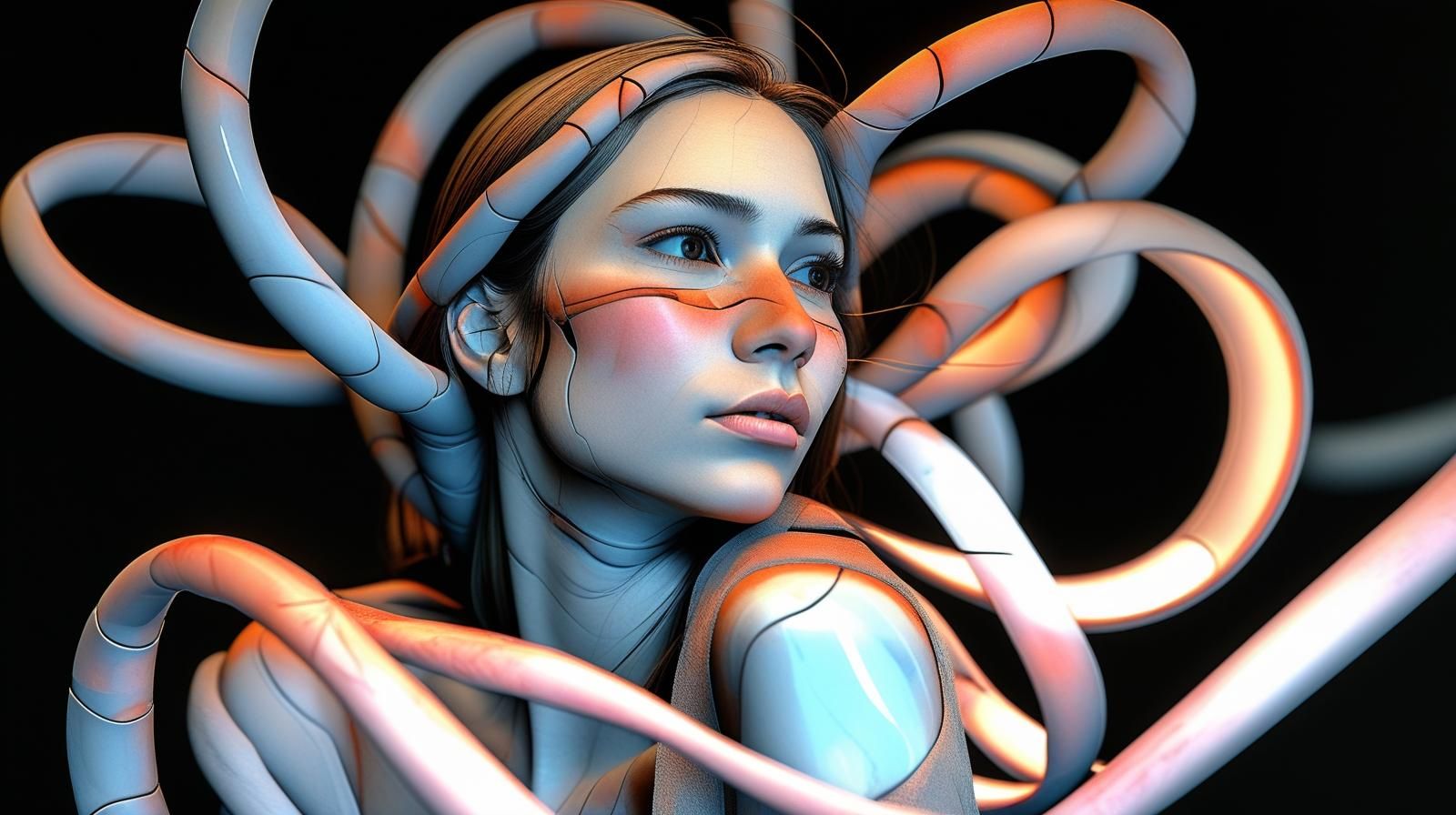 A beautiful young Native American woman with long dark brown hair and expressive eyes, gazing thoughtfully to the side. The background features abstract, glowing ribbon-like shapes in shades of pink, blue, and (20).jpg