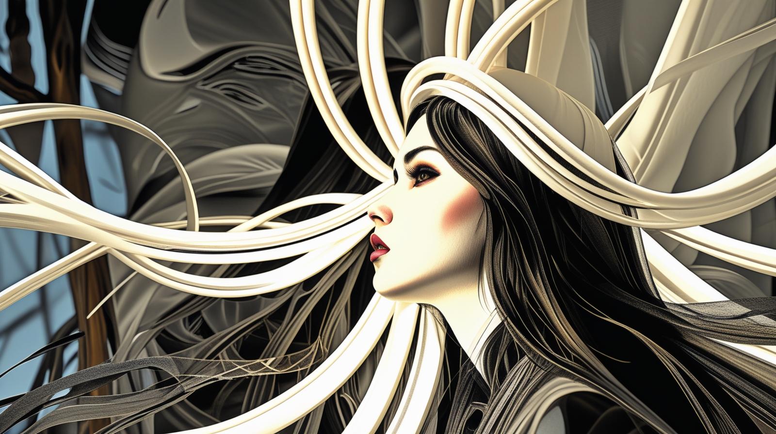 _A breathtaking portrait of a beautiful young woman with angelic features, looking to the right in profile view. She has long, flowing black hair and deep black eyes that shine with mystery and grace. Surrounding h.jpg