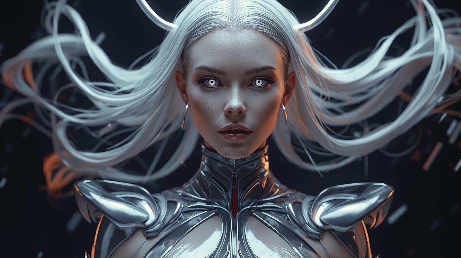 “A stunning futuristic goddess-like woman, inspired by glossy chrome sculptures. Smooth radiant skin, sharp yet elegant facial features, pure white glowing eyes, soft confident expression. Her hair is flowing (19).jpg