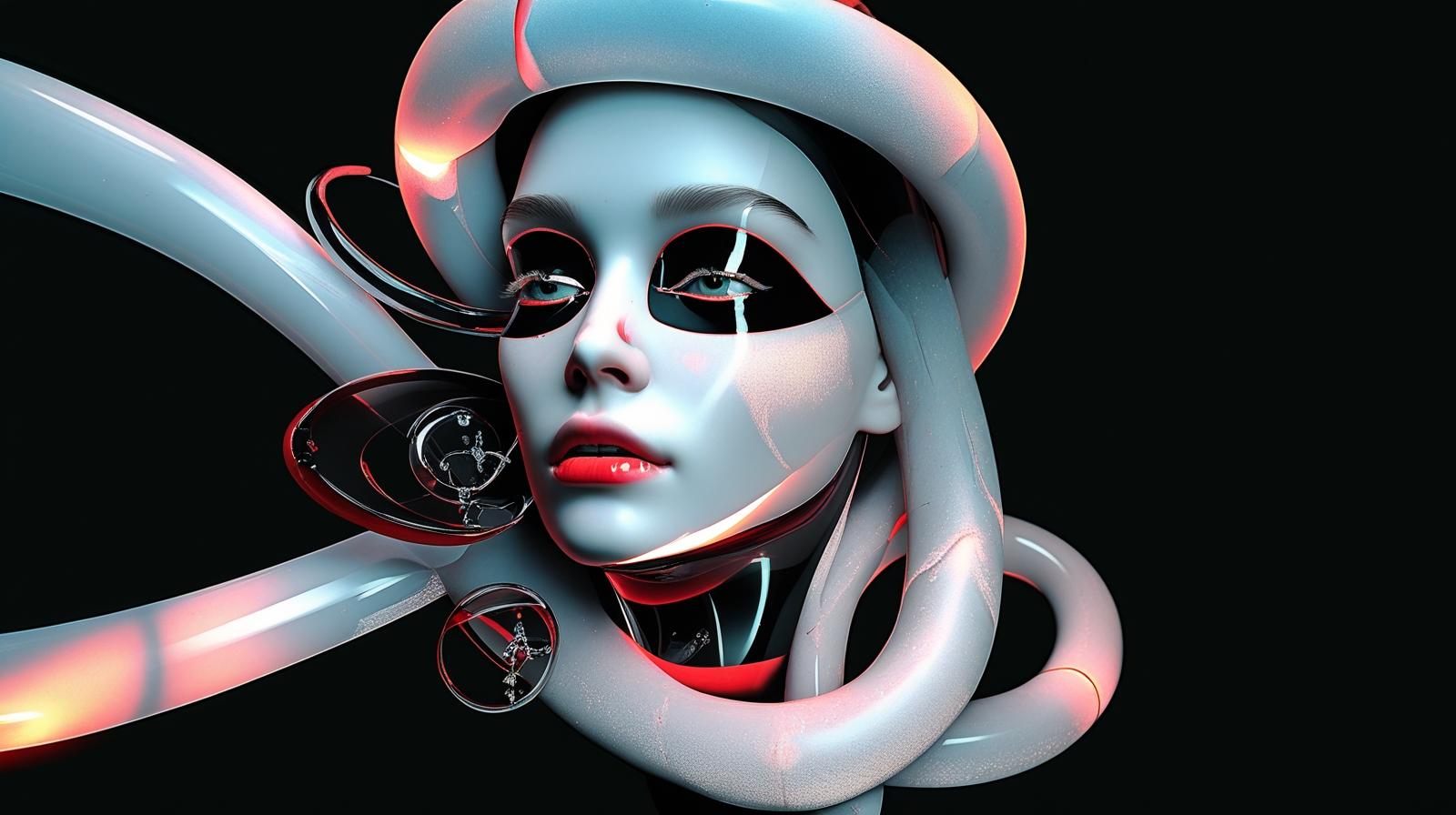 A modern surrealist goddess with realistic human features, glossy black hair, and abstract jewelry in silver and red tones. She gazes calmly into the distance. The background is dark with glowing abstract lines (2).jpg