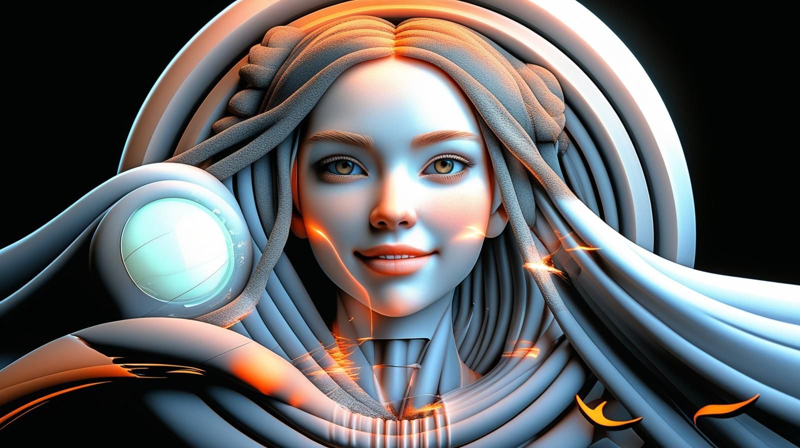 A beautiful Eastern girl emerging from a glowing futuristic energy core, inspired by metallic light and fluid motion. She has deep black eyes and long silky black hair with soft orange reflections. Her expressi (3).jpg