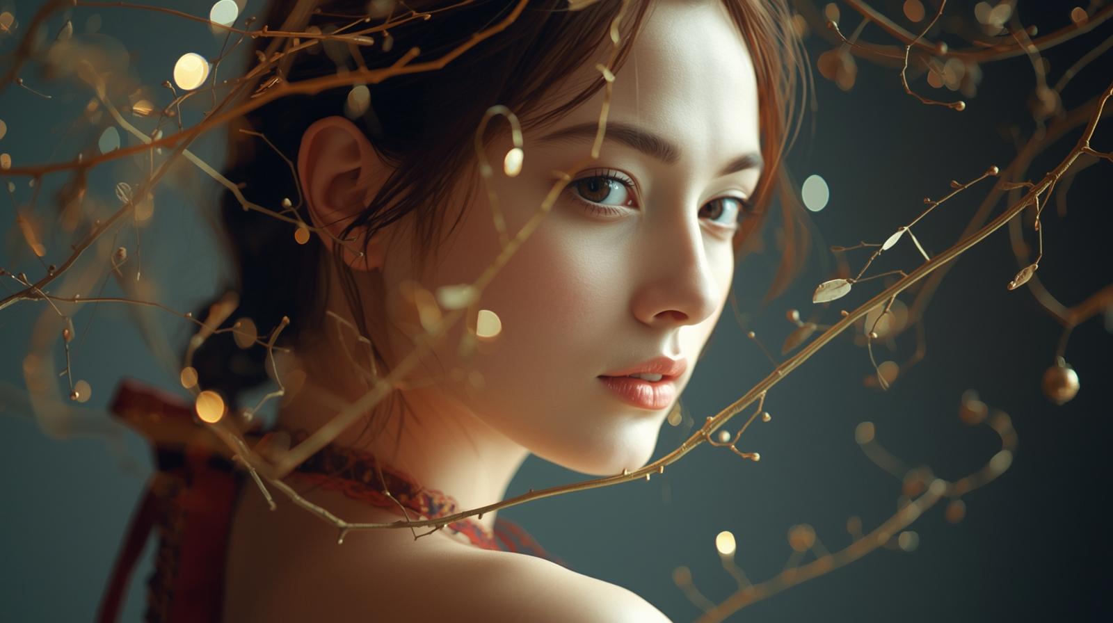 A beautiful semi-realistic girl, looking at the camera from the side, soft facial features, delicate expression. Around her face, thin golden branches wrapping gently like elegant ornaments, glowing softly. Ar (17).jpg