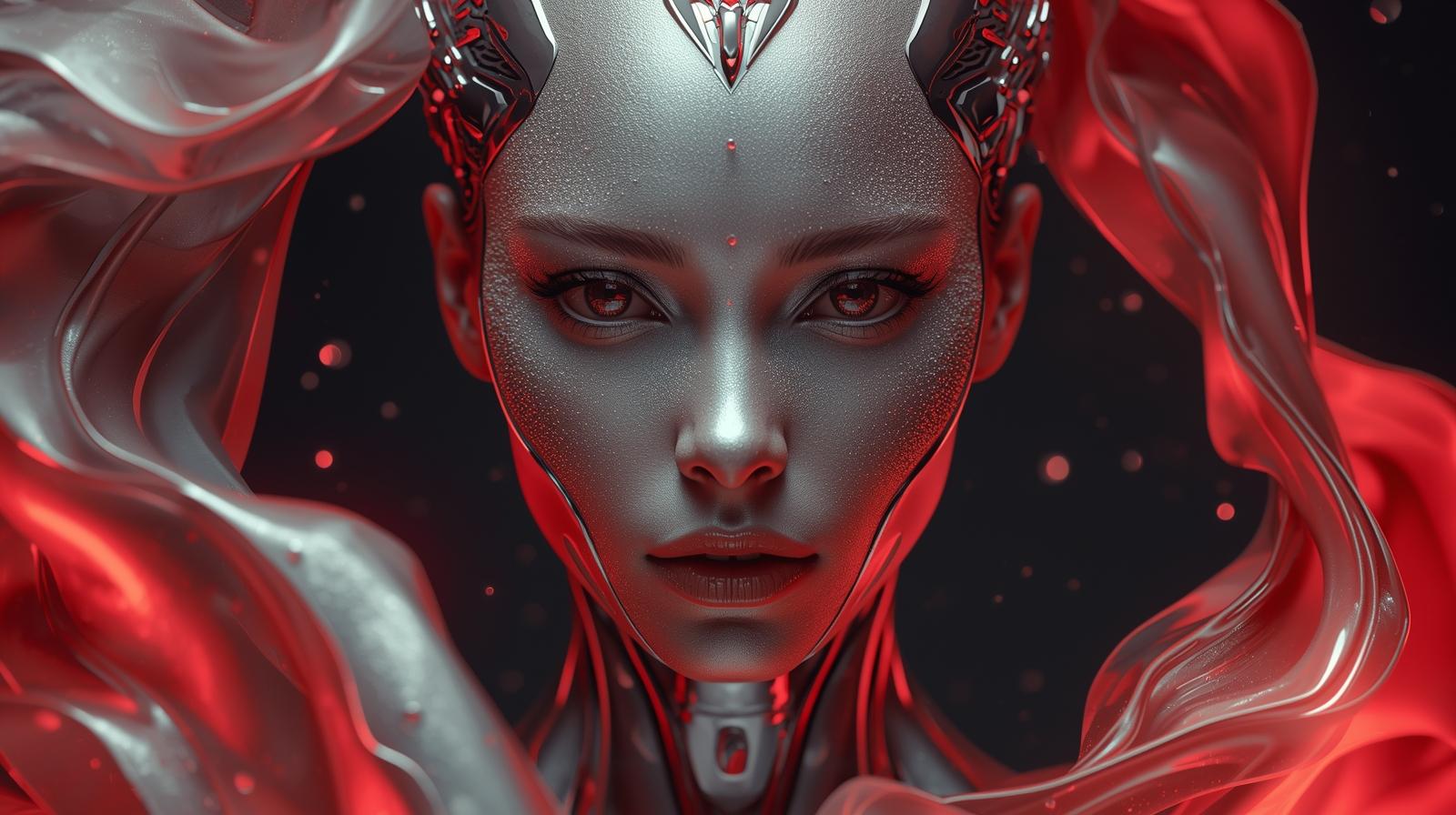 A stunning futuristic girl portrait, inspired by a metallic sculpture with glowing silver skin and soft red and white flowing elements around her. Her face is perfectly symmetrical, with sharp yet elegant features (4).jpg