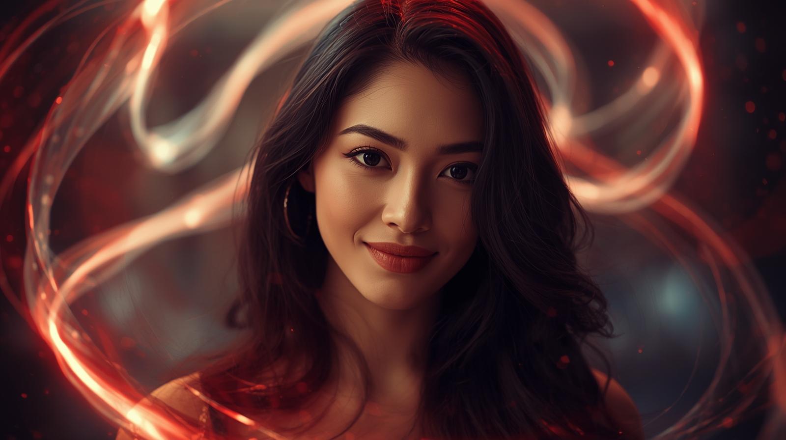 _A dreamy and beautiful woman with long black hair and deep black eyes, smiling softly while looking into the camera. Her face glows with elegance and warmth. Around her, flowing red and white energy ribbons s (13).jpg