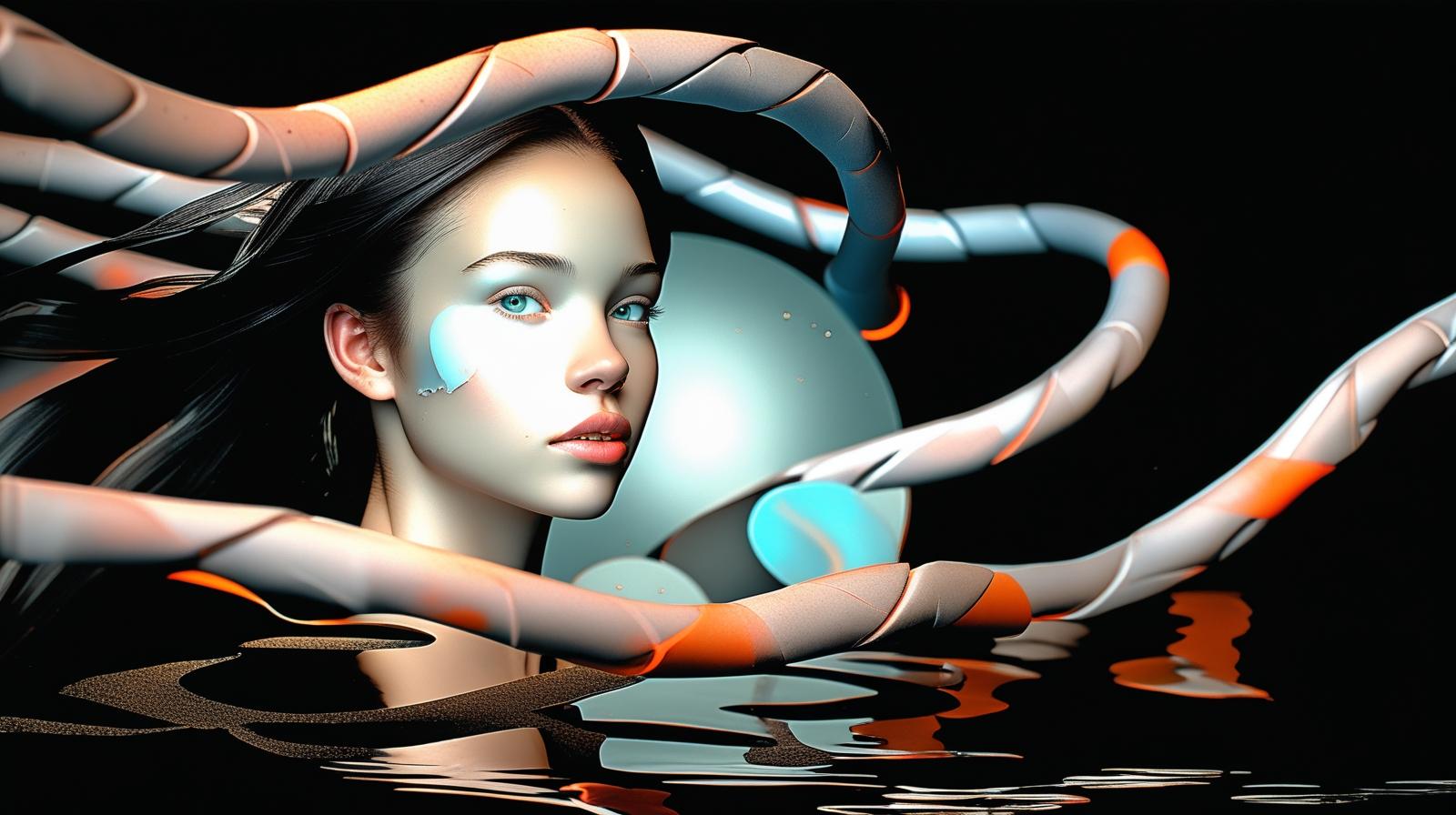 A beautiful young woman, semi-realistic, realistic style, with long black hair flowing in the wind, deep black eyes, soft glowing skin. Around her, abstract braided ropes floating like woven hair strands, wrap (11).jpg