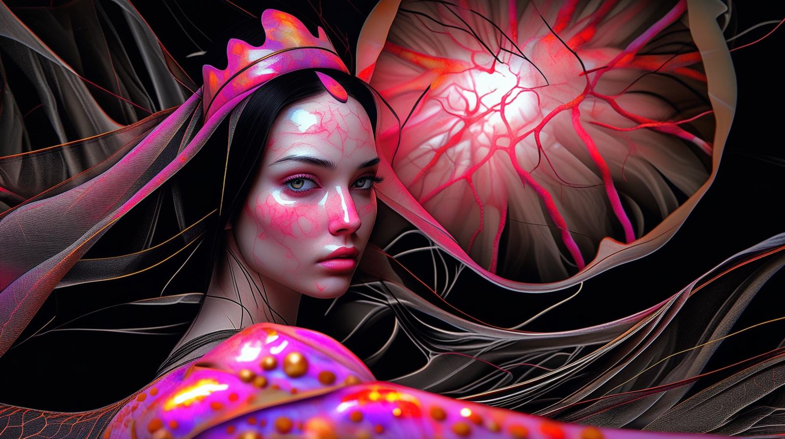 A beautiful, elegant princess with long black hair, wearing a royal gown inspired by organic red and pink patterns with glowing veins, matching the colors of the artwork. She wears a shining crown on her head,  (3).jpg