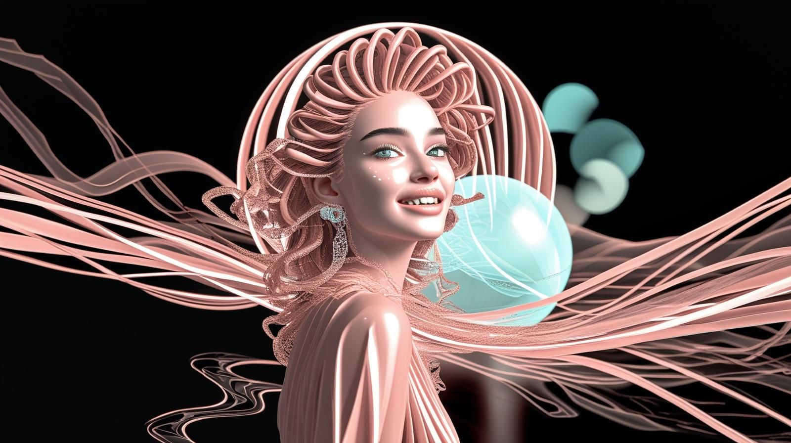 A striking young woman with an elegant, confident look, just about to step onto a catwalk. Her expression shows excitement and anticipation, with a subtle smile and bright, sparkling eyes. She has smooth skin, (22).jpg