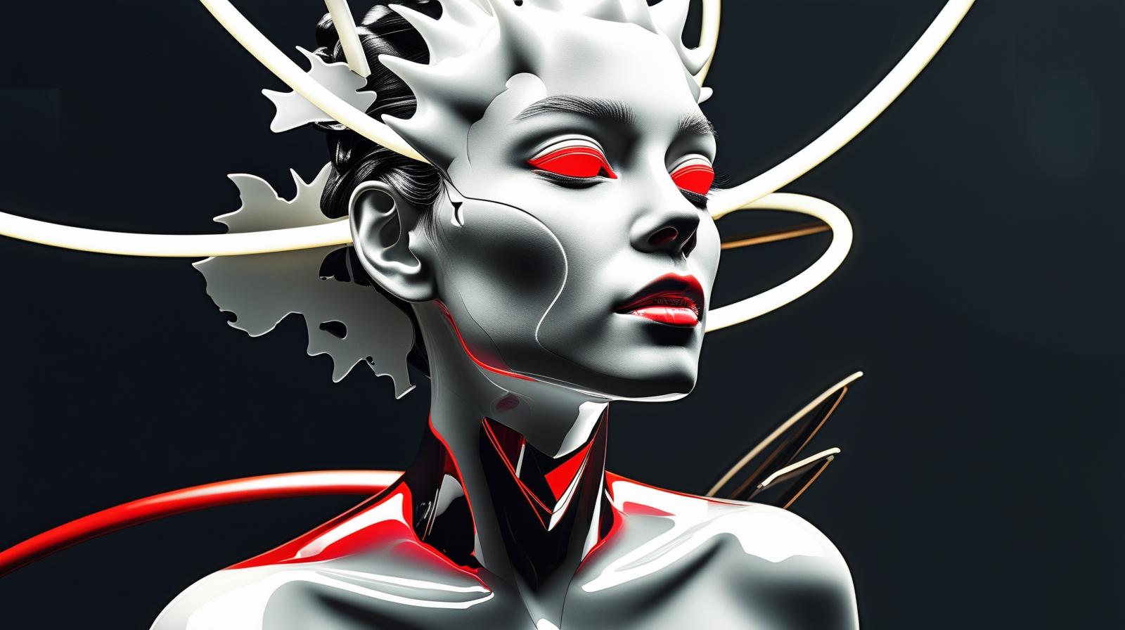 A modern surrealist goddess with realistic human features, glossy black hair, and abstract jewelry in silver and red tones. She gazes calmly into the distance. The background is dark with glowing abstract line (16).jpg