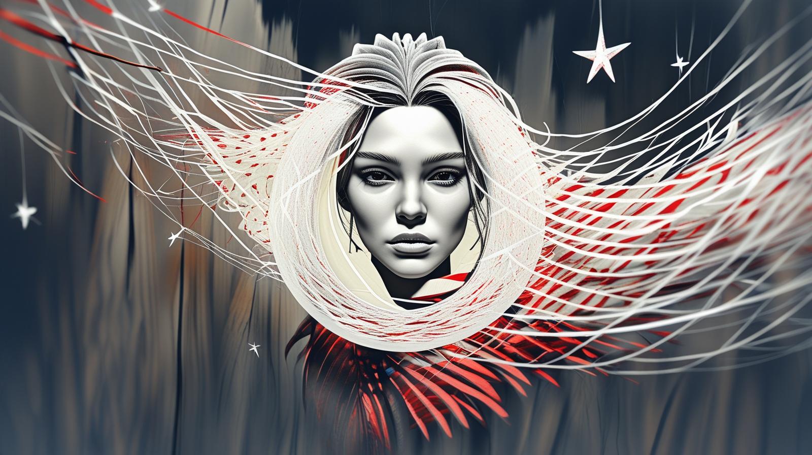 “Transform two glowing rings and a luminous orb into a beautiful young woman with a deep, piercing gaze, long soft hair flowing in the wind, surrounded by tiny glowing stars and delicate floating branches, dreamy fl.jpg