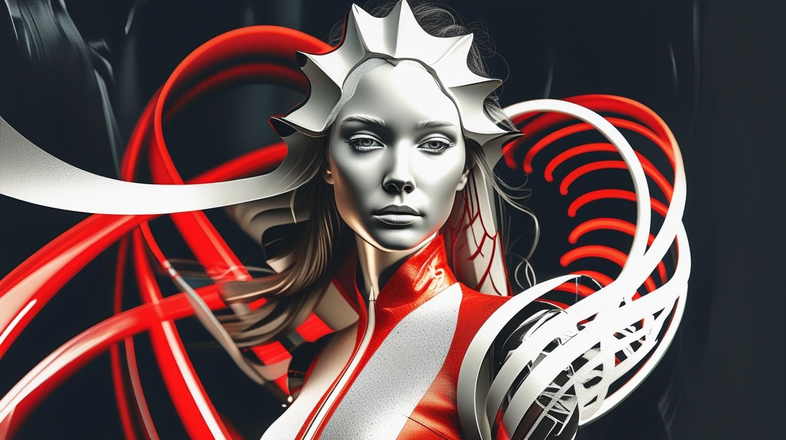 A stunning young woman with long, wavy olive-brown hair wearing a red and white outfit inspired by futuristic design. Her face is beautiful and captivating, with confident eyes and a calm, magnetic expression. (23).jpg