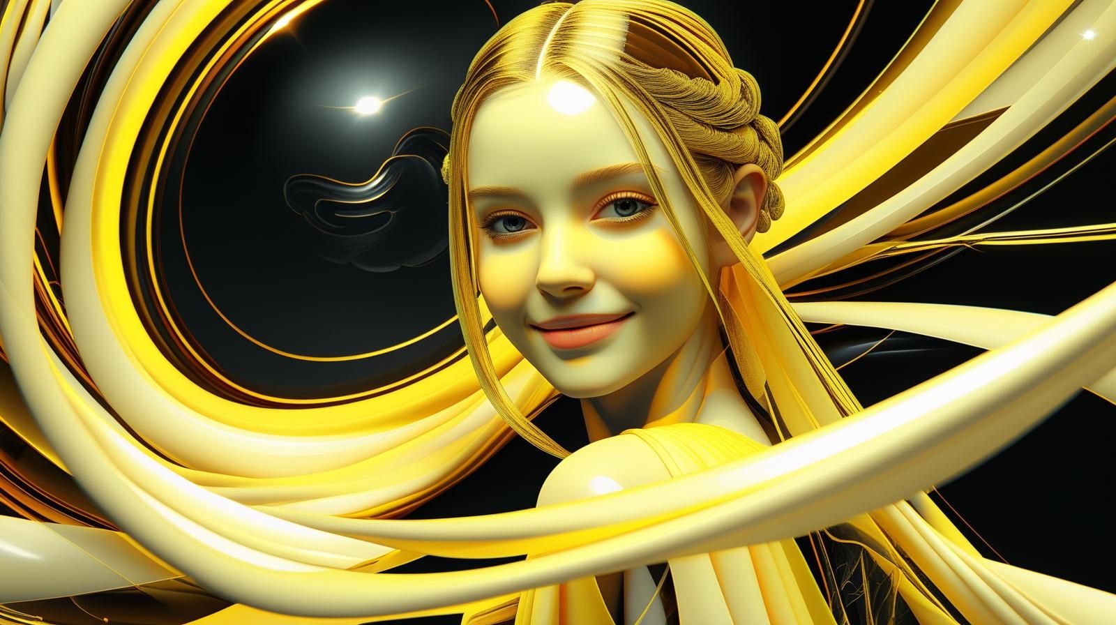 a beautiful young woman inspired by a glowing yellow orb in a dark background, wearing a flowing sheer yellow silk dress, with long golden hair and deep black eyes. Her expression is kind and gentle, with a so (24).jpg