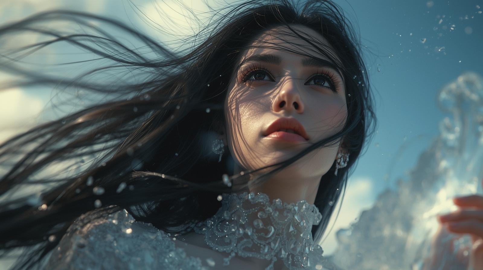 A breathtakingly beautiful semi-realistic woman, transformed from a surreal crystal statue. Long flowing black hair moving gracefully in the wind, deep mesmerizing black eyes full of warmth, and a kind, gentle  (5).jpg