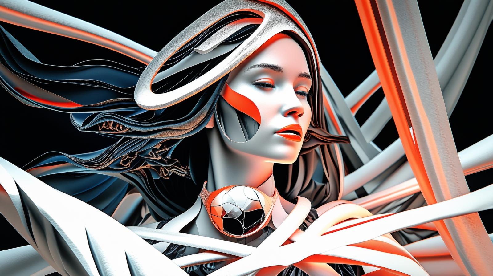 A modern surrealist goddess with realistic human features, glossy black hair, and abstract jewelry in silver and red tones. She gazes calmly into the distance. The background is dark with glowing abstract line (10).jpg
