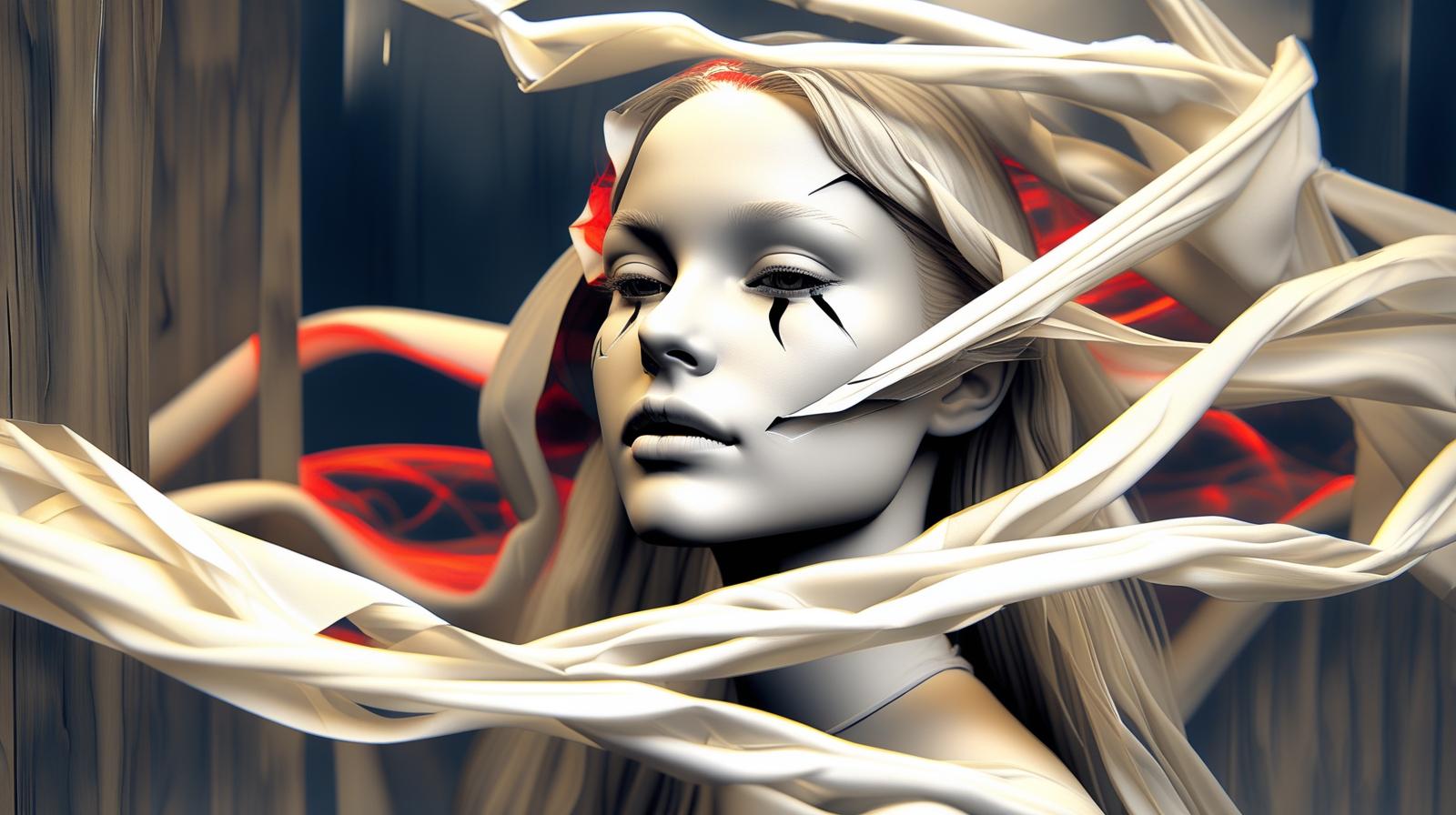 A beautiful young woman, semi-profile face at the center, with long wavy blonde hair flowing softly around her. The geometric white lines around her face transform into delicate sheer fabric, like translucent tulle.jpg