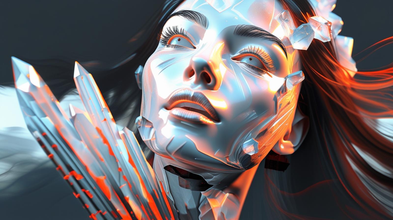 A breathtakingly beautiful semi-realistic woman, transformed from a surreal crystal statue. Long flowing black hair moving gracefully in the wind, deep mesmerizing black eyes full of warmth, and a kind, gentle (11).jpg