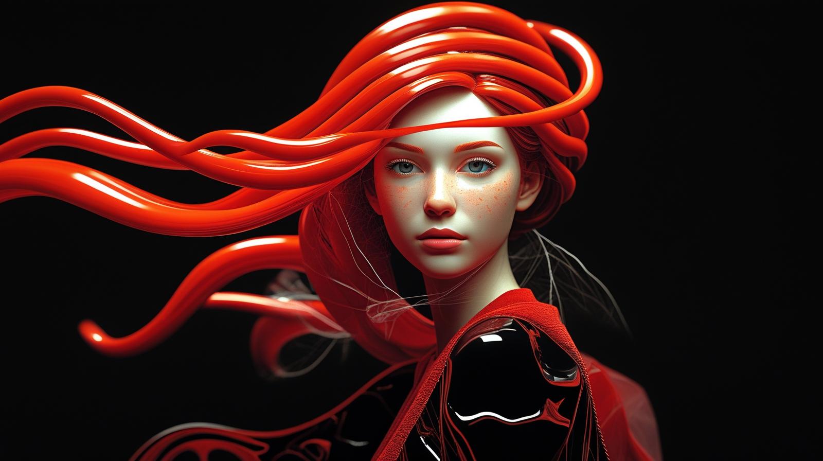 A beautiful young woman with flowing red hair blowing in the wind, delicate face and fair skin, with a beautiful white flower on her head. She is looking directly at the camera with a deep and confident gaze. T (1).jpg