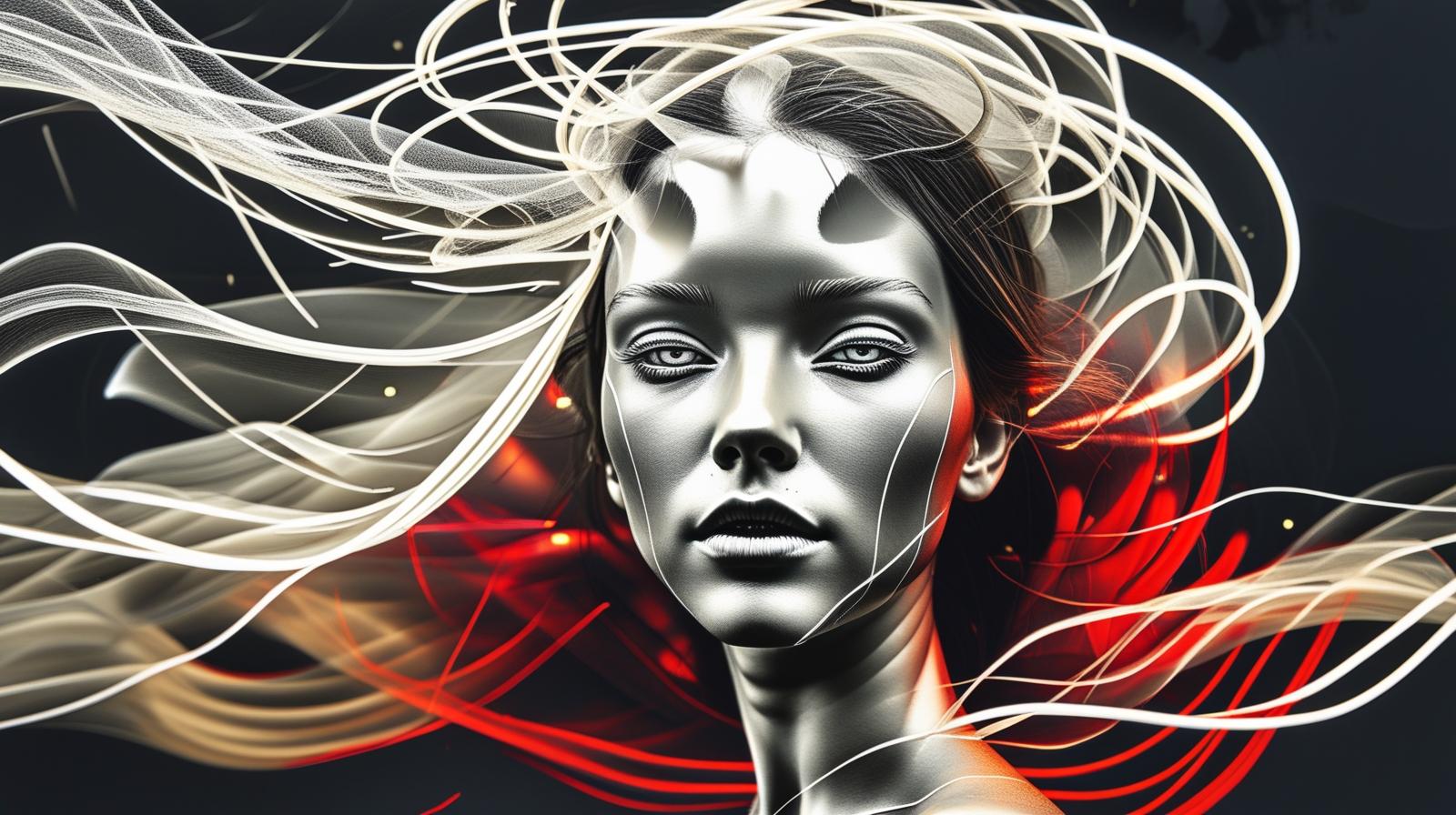 A beautiful young woman with enchanting, flowing hair moving gracefully in the wind, her black eyes, her face soft and radiant. The glowing abstract lines around her head transform into a majestic crown, symbolizin.jpg