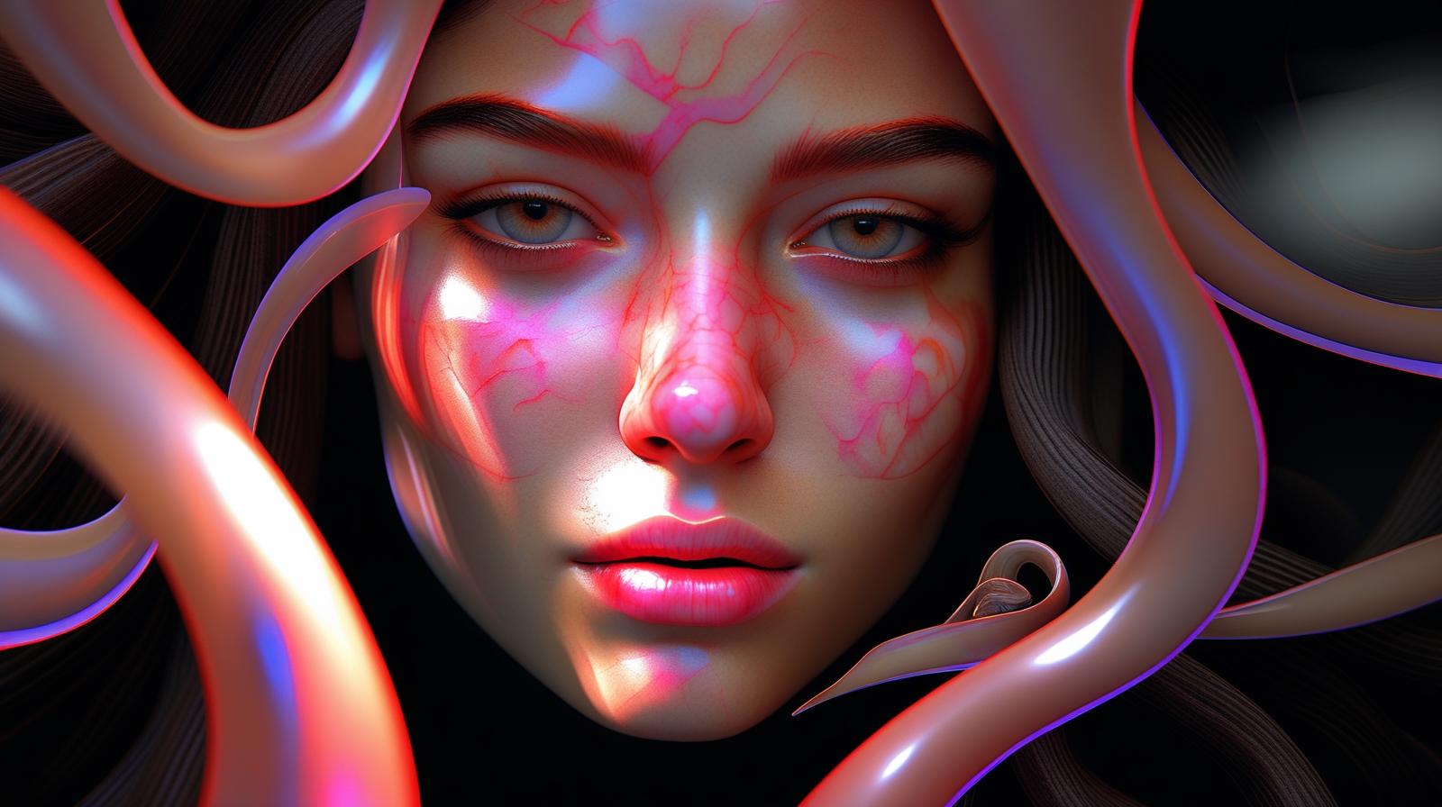 _A beautiful woman with long, voluminous black curly hair. Her eyes are deep, expressive, and captivating. Soft glowing skin with warm rose and peach undertones. Gentle light reflecting across her face. Flowin (22).jpg