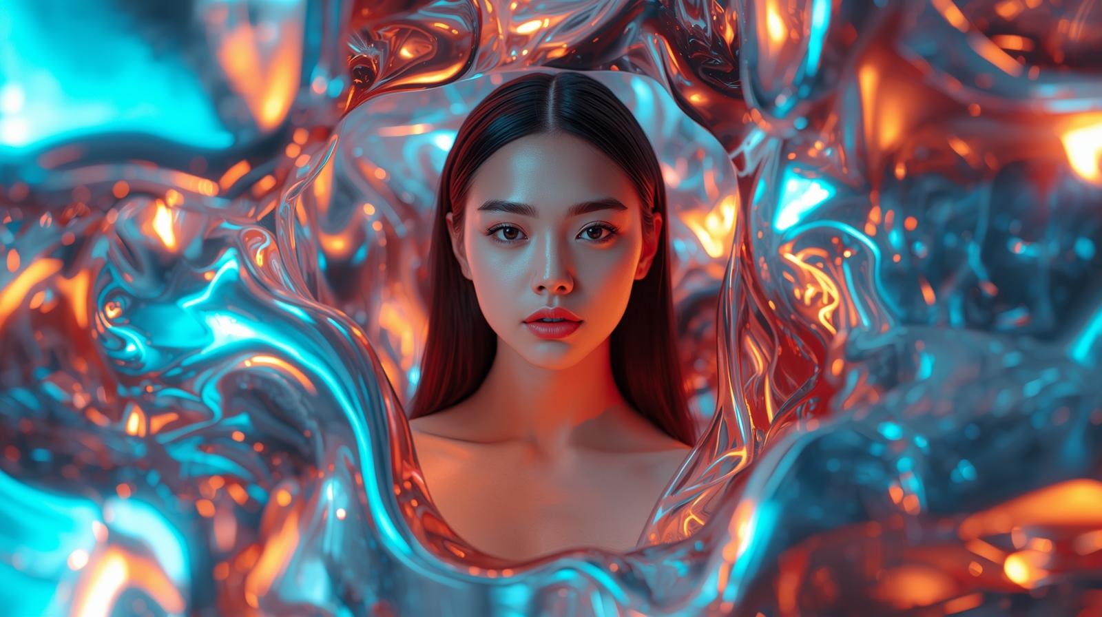 A surreal portrait of a girl, not tiny, with a strong presence, emerging from abstract glossy waves of light. The forms around her flow like liquid metal with soft neon reflections. Her face is clear and expre (15).jpg