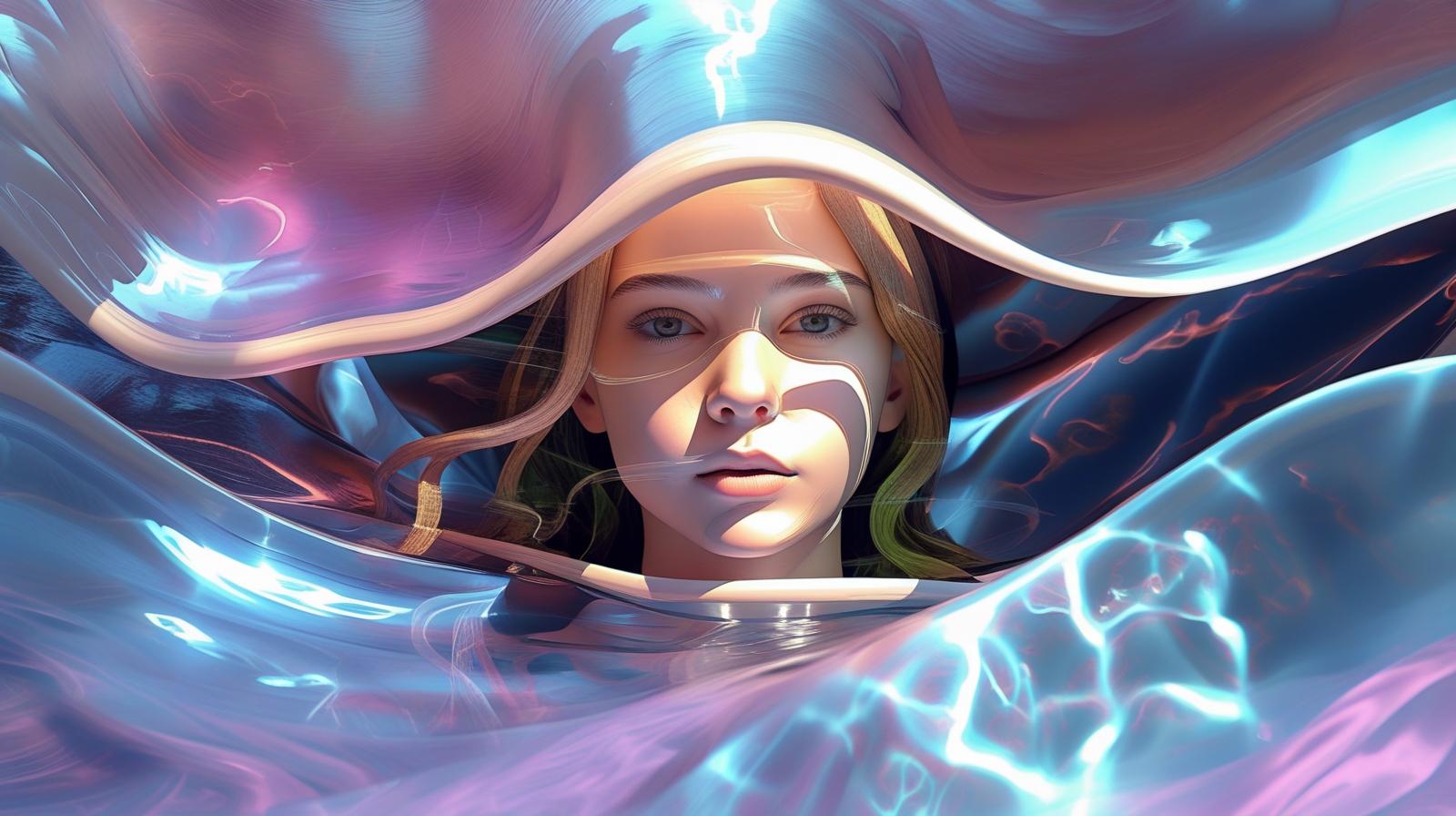 A surreal portrait of a girl, not tiny, with a strong presence, emerging from abstract glossy waves of light. The forms around her flow like liquid metal with soft neon reflections. Her face is clear and expres (1).jpg