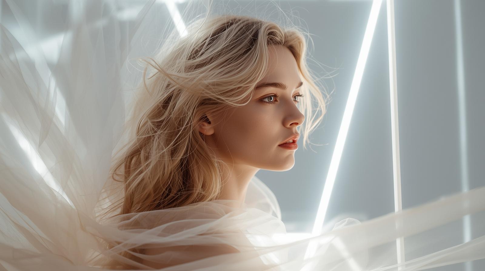 A beautiful young woman, semi-profile face at the center, with long wavy blonde hair flowing softly around her. The geometric white lines around her face transform into delicate sheer fabric, like translucent t (4).jpg