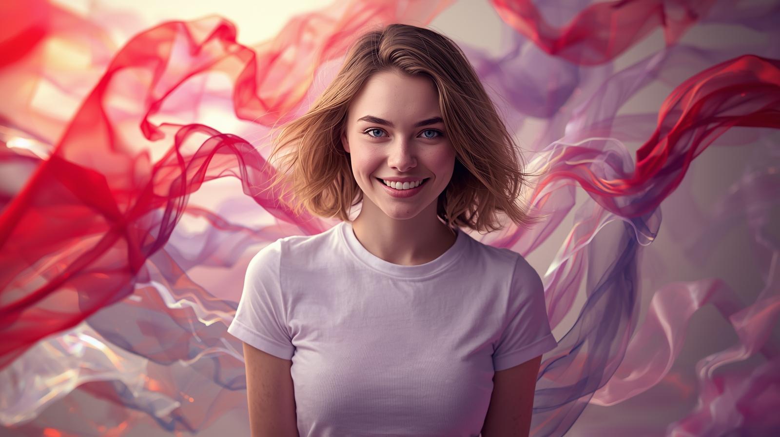 A beautiful young woman inspired by abstract red and pink energy shapes. She has short chestnut brown hair falling just to her shoulders, fair skin, blue eyes, and soft rosy cheeks. She’s smiling warmly at the (11).jpg